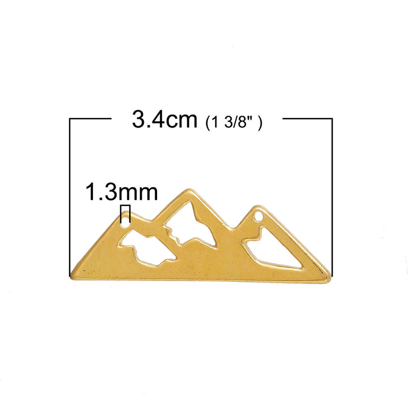 10 Gold Plated Hollow MOUNTAIN PEAKS Range adventure charms, two-hole connector charm pendants, camping, landscape, skiing, chg0570