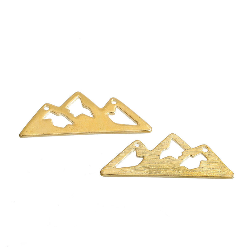 10 Gold Plated Hollow MOUNTAIN PEAKS Range adventure charms, two-hole connector charm pendants, camping, landscape, skiing, chg0570