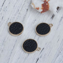 5 Gold-Plated Circle Disc Charm Pendants with JET BLACK Faux Leather Cabochon, 16mm dia, chg0572