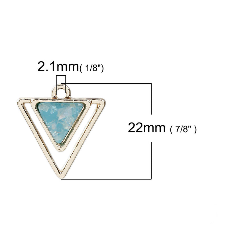 3 Gold Plated ARROWHEAD TRIANGLE Hollow Geometric Pendant Charms, light sky blue imitation opal resin, gold plating, 22x20mm, chg0569