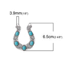 1 Large Silver HORSESHOE GOOD Luck Charm Pendant with leaf design, faux turquoise cabochons, horse riding pendants, 65x52mm, chs2808