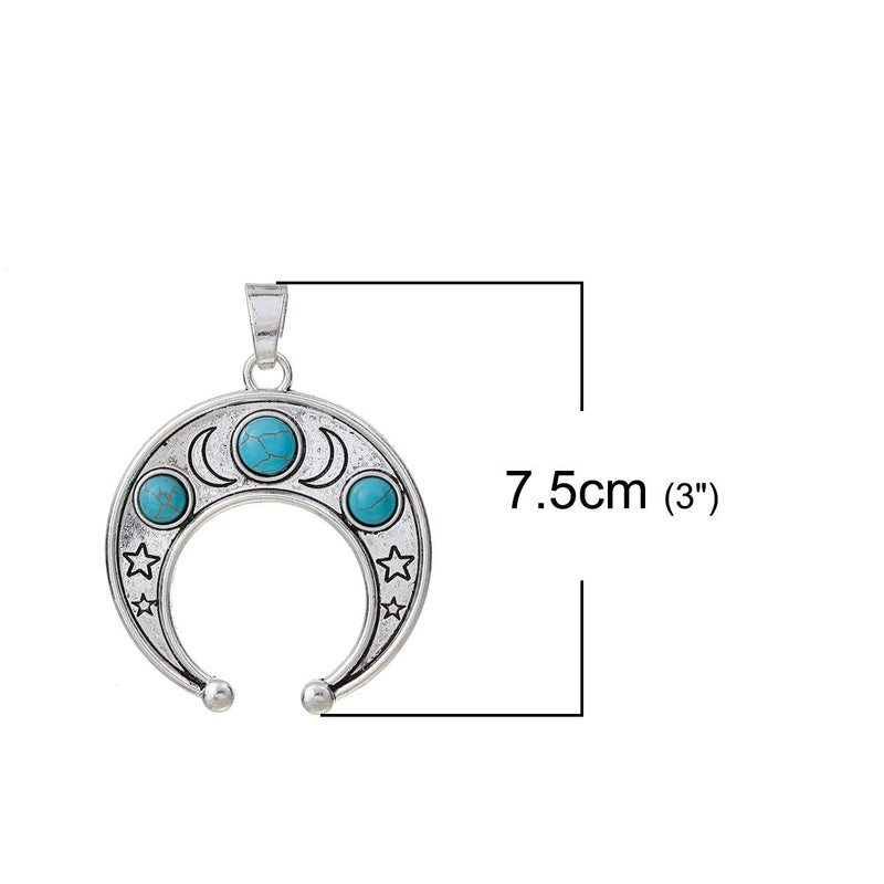 1 Silver CRESCENT MOON Pendant Charm with star design and faux turquoise, Silver Bail, Upside Down Half Moon, 2-1/4" wide chs2810