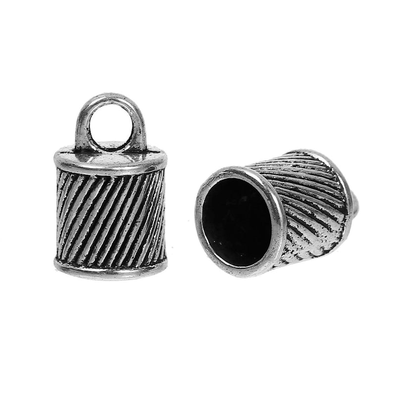 10 Silver End Caps for Kumihimo Jewelry, Striped Twisted Design, Leather Cord End Connectors, Bails, Bead Caps, Fits 8mm cord, fin0659