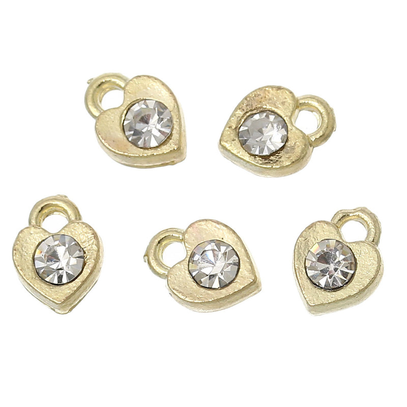 20 Gold Plated Small Heart Charms with clear white rhinestone, tiny pendants, earring charms, 8x6mm, chg0574