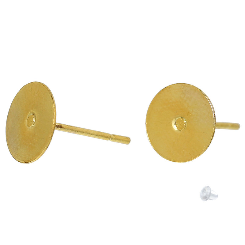 20 Gold Plated Post Earring Blanks, includes Rubber Stopper backers, gold metal (10 pairs), fits 6mm cabochon, 21ga, fin0661a