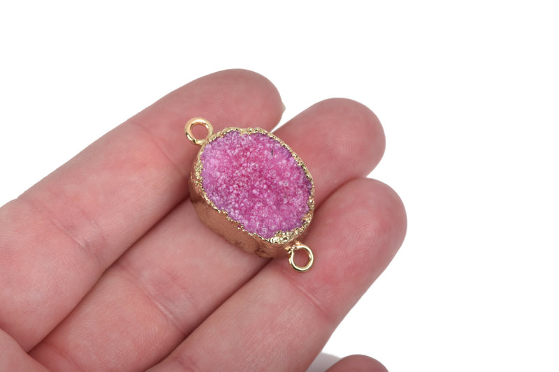 1 HOT PINK DRUZY Gemstone Connector Link, Gold Plated Bezel, fuchsia stone, about 1.5" long  gdz0086