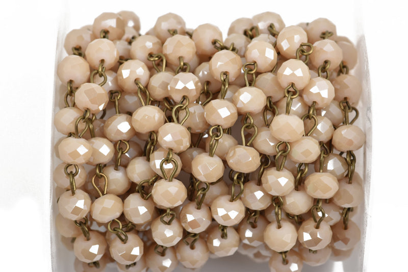 1 yard (3 feet) IVORY CREAM Crystal Rondelle Rosary Chain, bronze wire, 6mm faceted rondelle glass beads, fch0592a