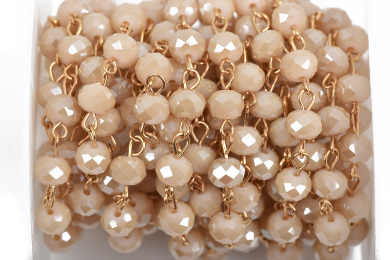 13 feet (4.33 yards) IVORY CREAM Crystal Rondelle Rosary Chain, bright gold wire, 8mm faceted rondelle glass beads, fch0563b