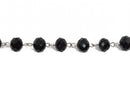 1 yard BLACK Crystal Rondelle Rosary Chain, silver, 10mm faceted rondelle glass beads, fch0565a