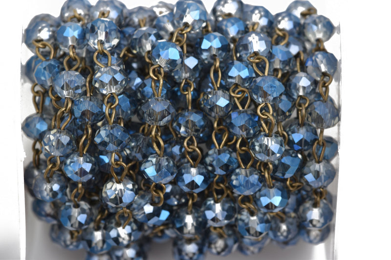 13 feet (4.33 yards) Blue AB Crystal Rondelle Rosary Chain, bronze, 12mm faceted rondelle glass beads, fch0567b