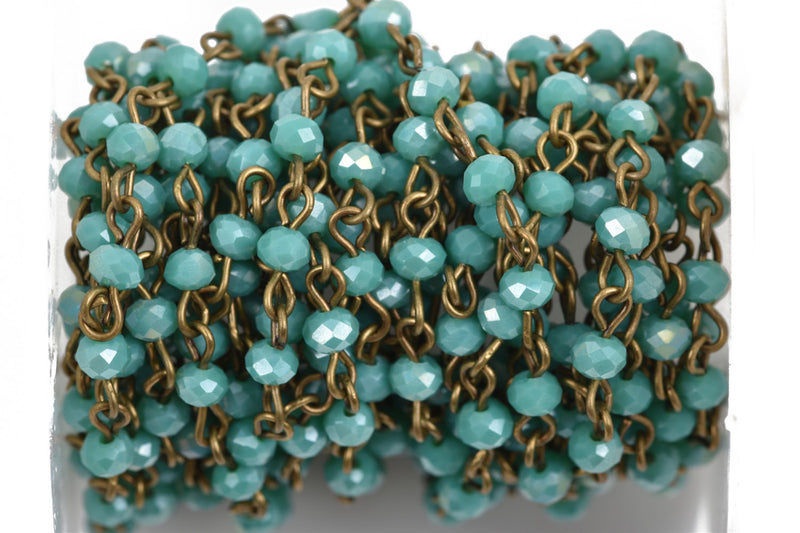 1 yard TURQUOISE Crystal Rosary Chain, bronze wire, 4mm rondelle faceted crystal beads, fch0571a