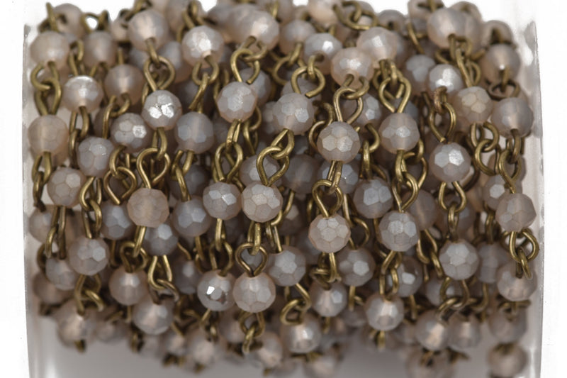 13 feet Frosted GREY Crystal Rosary Chain, bronze, 4mm round faceted crystal beads, fch0573b