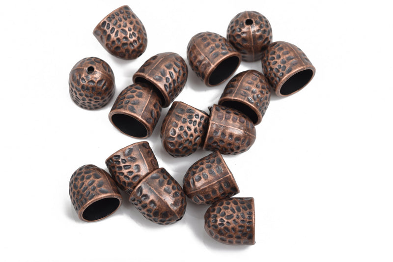 5 Copper Tone Hammered Textured End Caps for Kumihimo Jewelry, Leather Cord End Connectors, Bails, Bead Caps, Fits 10mm cord, fin0662