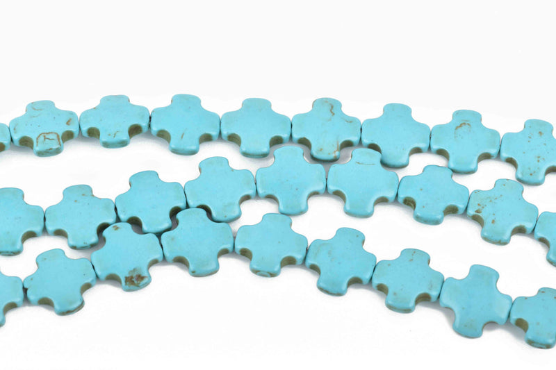 15mm Turquoise Blue Maltese Cross Howlite Stone Beads, full strand, 26 beads, how0652