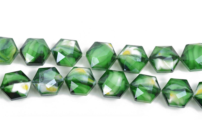 10 Green Hexagon Glass Beads, Faceted Glass Crystal Beads, 15x14mm, bgl1609