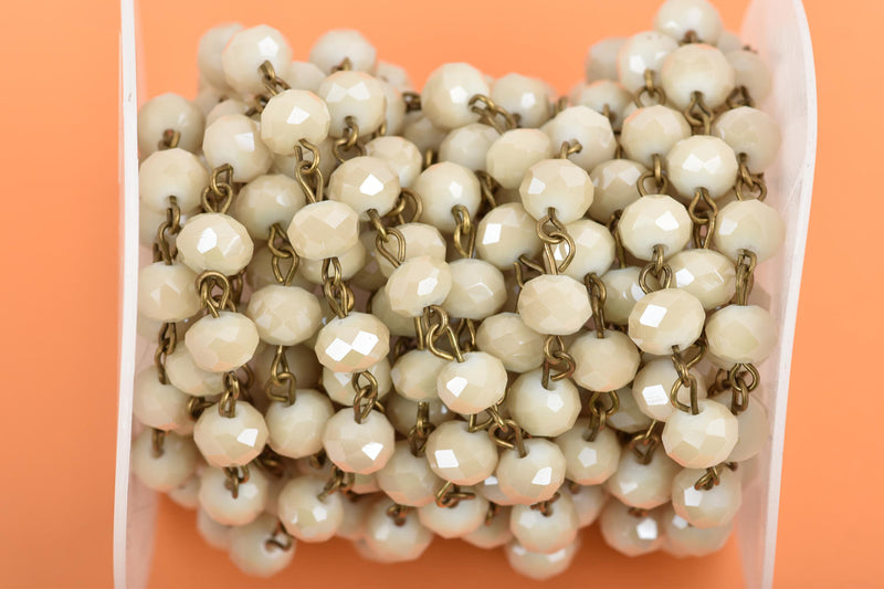 1 yard IVORY Off White Crystal Rondelle Rosary Chain, bronze wire, 8mm faceted rondelle glass beads, fch0586a