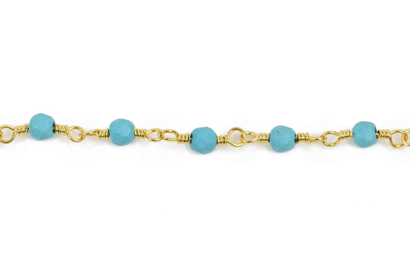4.33 yard (13 feet) TURQUOISE BLUE Crystal Chain, Round Rosary Bead Chain, gold double wrapped wire, 4mm faceted round glass beads, fch0587b