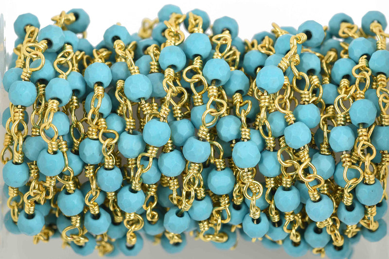 4.33 yard (13 feet) TURQUOISE BLUE Crystal Chain, Round Rosary Bead Chain, gold double wrapped wire, 4mm faceted round glass beads, fch0587b