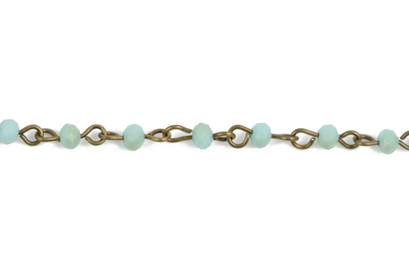 1 yard Blue Green Crystal Rosary Chain, bronze wire, MATTE 4mm rondelle faceted crystal beads, fch0588a