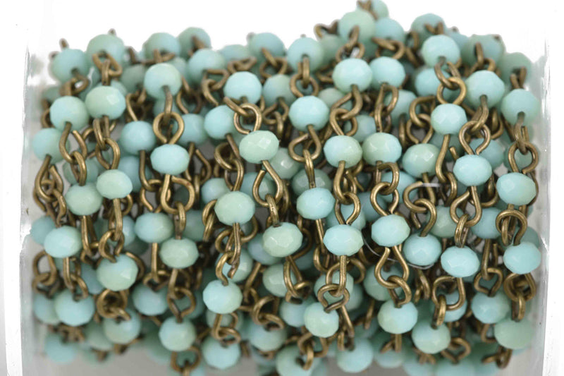 1 yard Blue Green Crystal Rosary Chain, bronze wire, MATTE 4mm rondelle faceted crystal beads, fch0588a