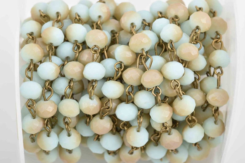1 yard (3 feet) Pale Blue and Tan Crystal Rosary Chain, bronze wire, 8mm matte rondelle faceted crystal beads, fch0589a