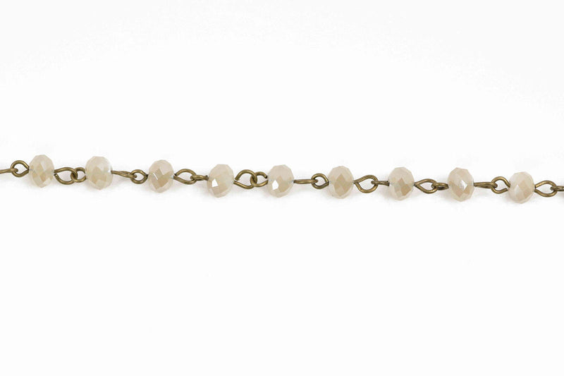 3 feet (1 yard) IVORY Off White Crystal Rondelle Rosary Chain, bronze wire, 6mm faceted rondelle glass beads, fch0591a