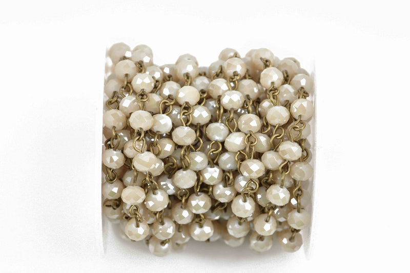 3 feet (1 yard) IVORY Off White Crystal Rondelle Rosary Chain, bronze wire, 6mm faceted rondelle glass beads, fch0591a