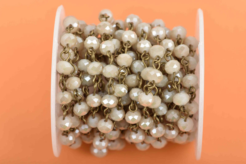 3 feet (1 yard) IVORY Off White Crystal Rondelle Rosary Chain, bronze wire, 6mm faceted rondelle glass beads, fch0591a