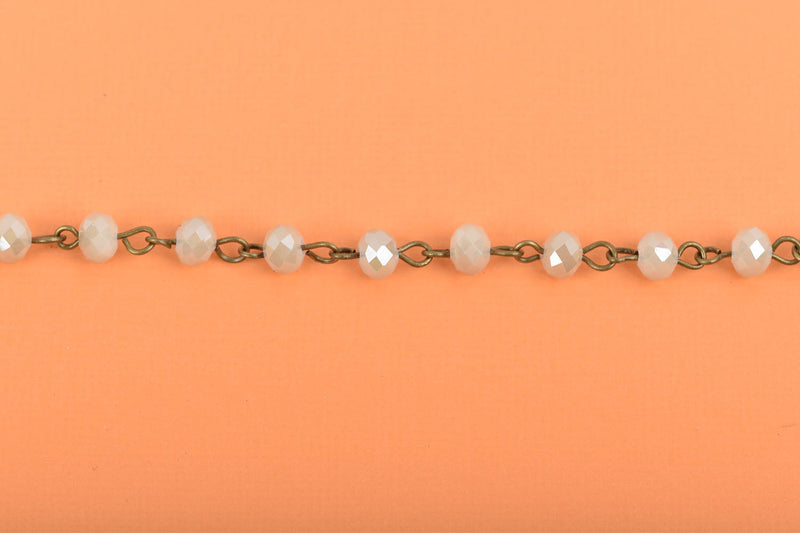 3 feet (1 yard) IVORY Off White Crystal Rondelle Rosary Chain, bronze wire, 6mm faceted rondelle glass beads, fch0591a