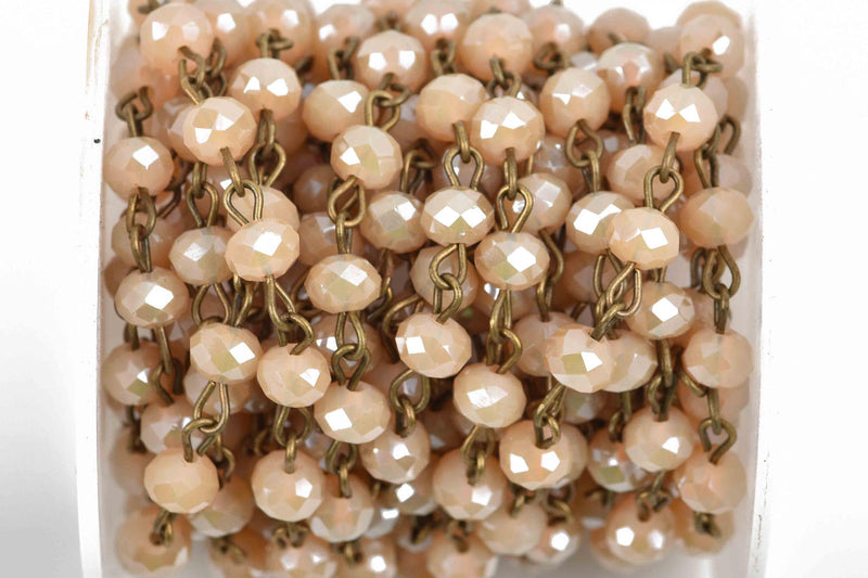 4.33 yard (13 feet) IVORY CREAM Crystal Rondelle Rosary Chain, bronze wire, 6mm faceted rondelle glass beads, fch0592b