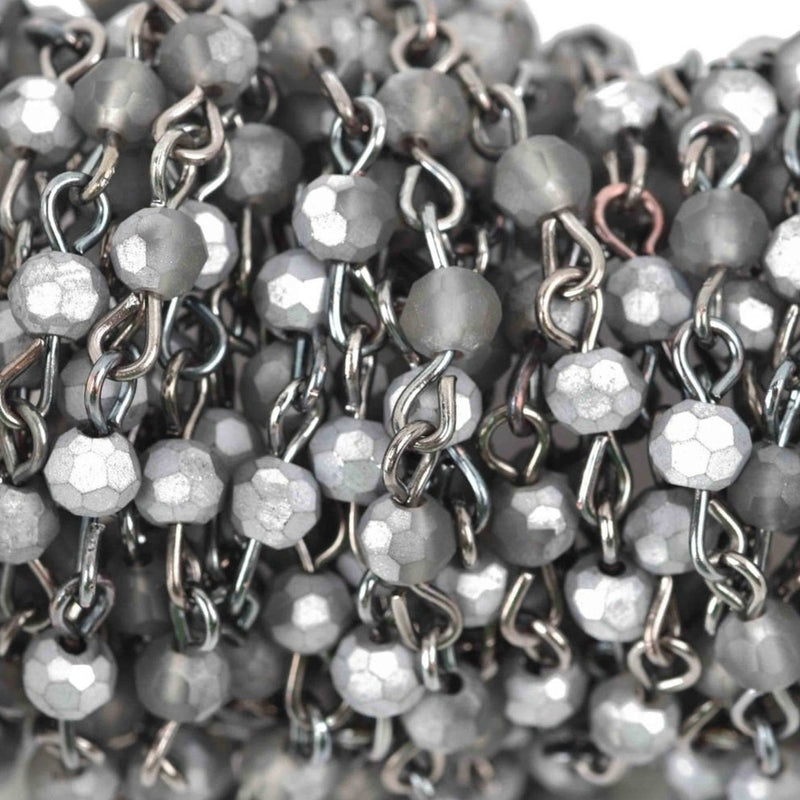 3 feet (1 yard) Matte SILVER SMOKE Crystal Rosary Chain, gunmetal links, 4mm round faceted frosted half-plated crystal bead chain, fch0600a