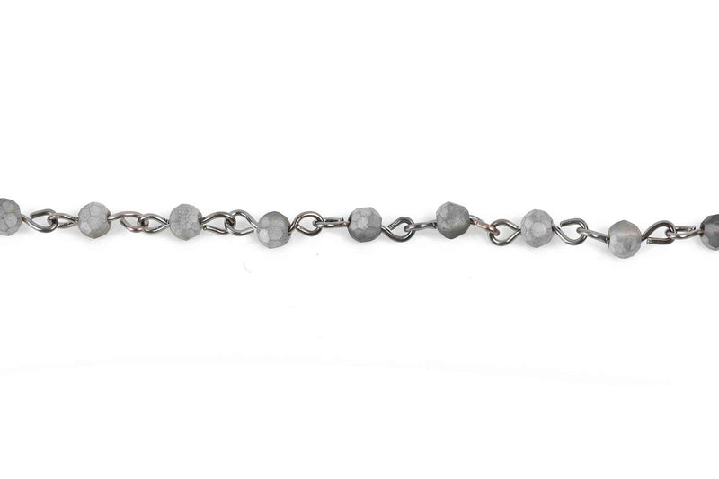 13 feet (4.33 yards) Matte SILVER SMOKE Crystal Rosary Chain, gunmetal links, 4mm round faceted frosted half-plated bead chain, fch0600b