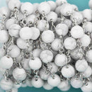 13 feet Matte WHITE HOWLITE GEMSTONE Rosary Chain, double wrap silver links, 8mm round natural gemstone beads, fch0609b