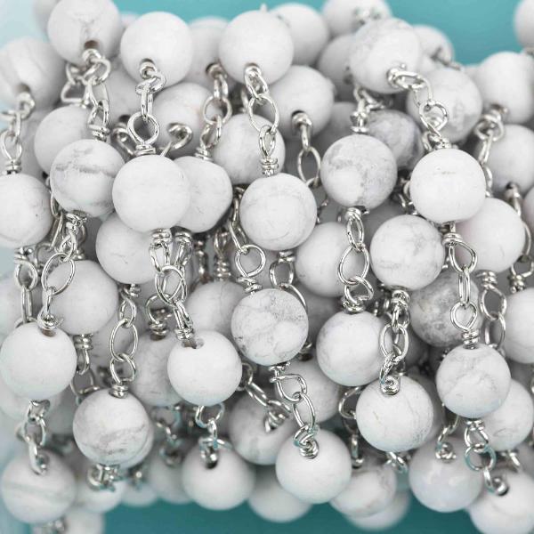 13 feet Matte WHITE HOWLITE GEMSTONE Rosary Chain, double wrap silver links, 8mm round natural gemstone beads, fch0609b