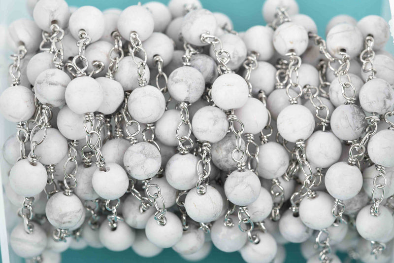 13 feet (4.33 yards) WHITE HOWLITE GEMSTONE Rosary Chain, double wrap silver links, 6mm round natural gemstone beads, fch0601b