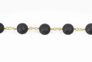 3.67 yards (11 feet) BLACK ONYX MATTE Rosary Chain, bright gold links, 10mm round faceted gemstone beads, fch0602b
