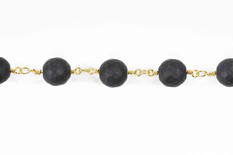 3.67 yards (11 feet) BLACK ONYX MATTE Rosary Chain, bright gold links, 10mm round faceted gemstone beads, fch0602b