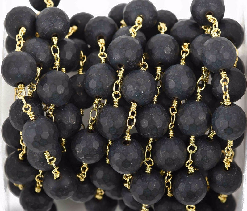 1 yard BLACK ONYX MATTE Rosary Chain, bright gold links, 10mm round faceted gemstone beads, fch0602a