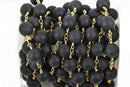 3.67 yards (11 feet) BLACK ONYX MATTE Rosary Chain, bright gold links, 10mm round faceted gemstone beads, fch0602b
