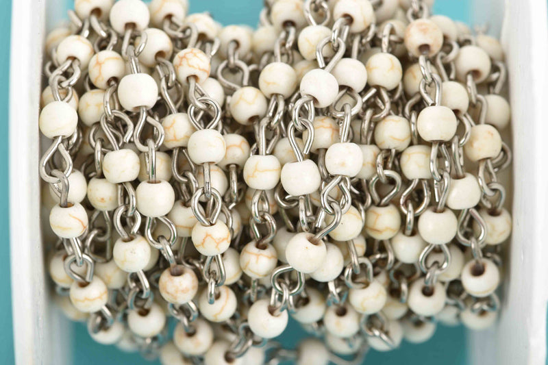 3 feet (1 yard) WHITE Howlite Rosary Chain, silver links, 4mm round stone beads, fch0607a