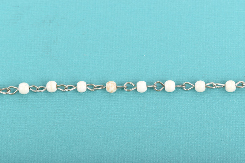 3 feet (1 yard) WHITE Howlite Rosary Chain, silver links, 4mm round stone beads, fch0607a