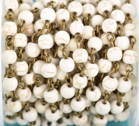13 feet WHITE Howlite Rosary Chain, bronze wire links, 6mm round stone bead chain, fch0606b