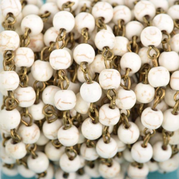 1 yard WHITE 6mm Howlite Rosary Chain, bronze wire links, round stone bead chain, fch0606a