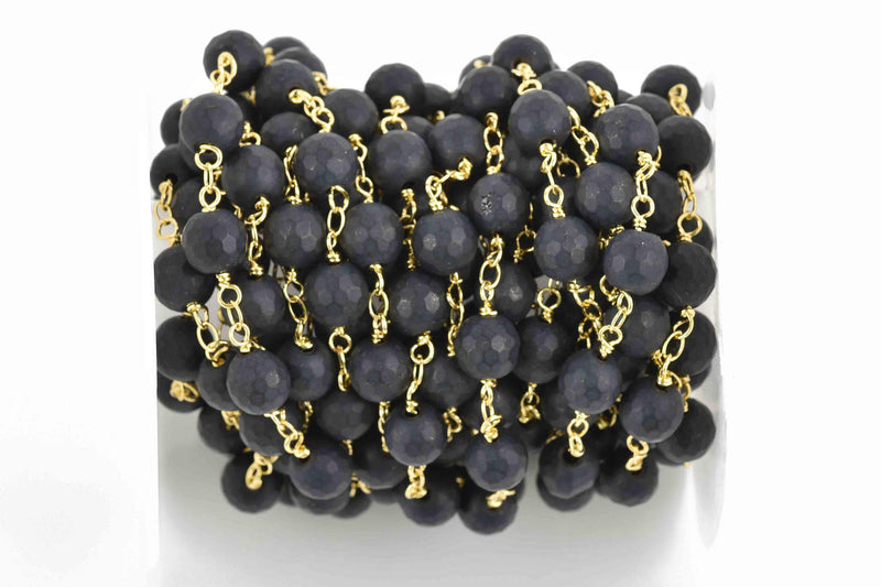 13 feet (4.33 yards) BLACK ONYX MATTE Rosary Chain, bright gold links, 8mm round faceted gemstone beads, fch0608b