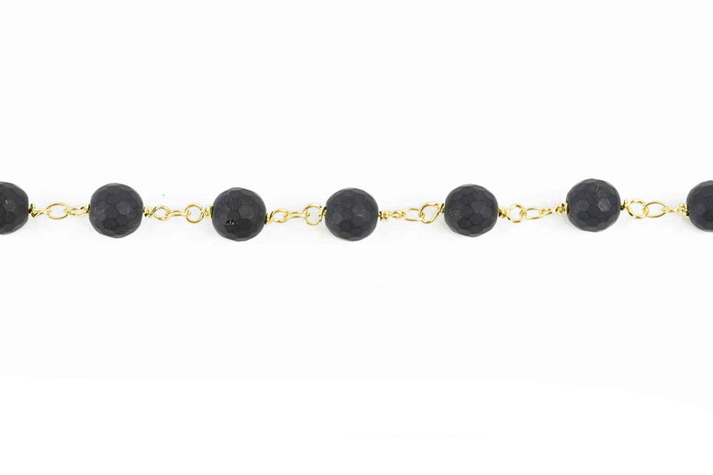 13 feet (4.33 yards) BLACK ONYX MATTE Rosary Chain, bright gold links, 8mm round faceted gemstone beads, fch0608b