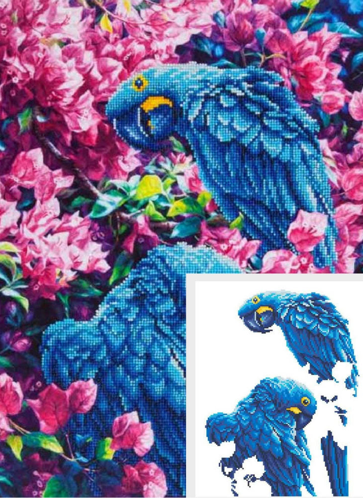 Rhinestone Painting Kit, BLUE PARROTS, Diamond Dotz Diamond Embroidery, Diamond Facet Art, Bling Wall Art 20x16" canvas kit0084