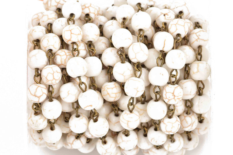 1 yard WHITE Howlite Rosary Chain, bronze links, 8mm round stone beads, fch0613a