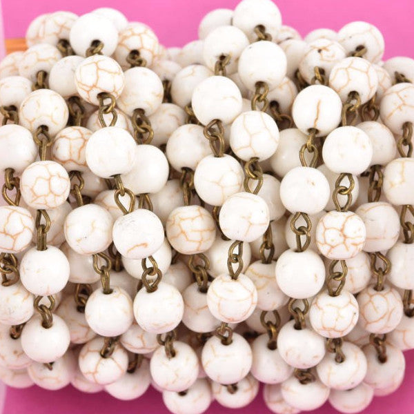 1 yard WHITE Howlite Rosary Chain, bronze links, 8mm round stone beads, fch0613a