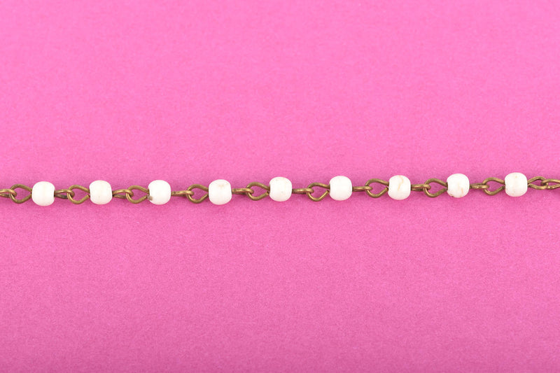 13 feet WHITE Howlite Rosary Chain, bronze links, 4mm round stone beads, fch0615b