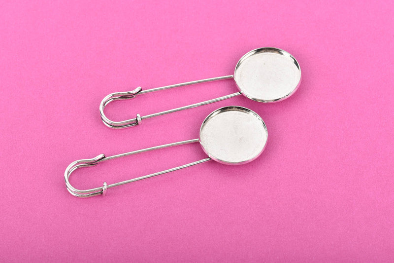 5 Silver Metal Stick Pins, brooch pins, safety pins, fits 25mm (1") round cabochons, bezel tray, shawl scarf pins, fin0676